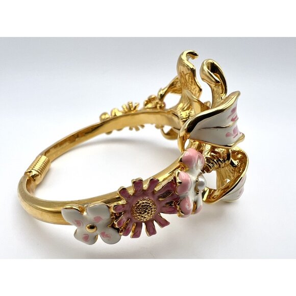 VTG KJL Kenneth Lane Bracelet Pink & White Enameled Flowers Pearls Gold Tone - Picture 10 of 15